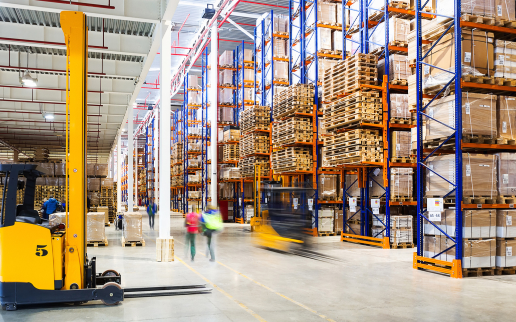 Warehouse Interior With Palettes On Shelves